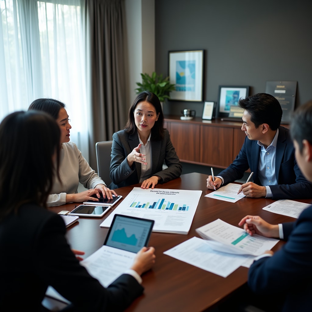 Strategic planning session with nonprofit organization leaders reviewing analytics