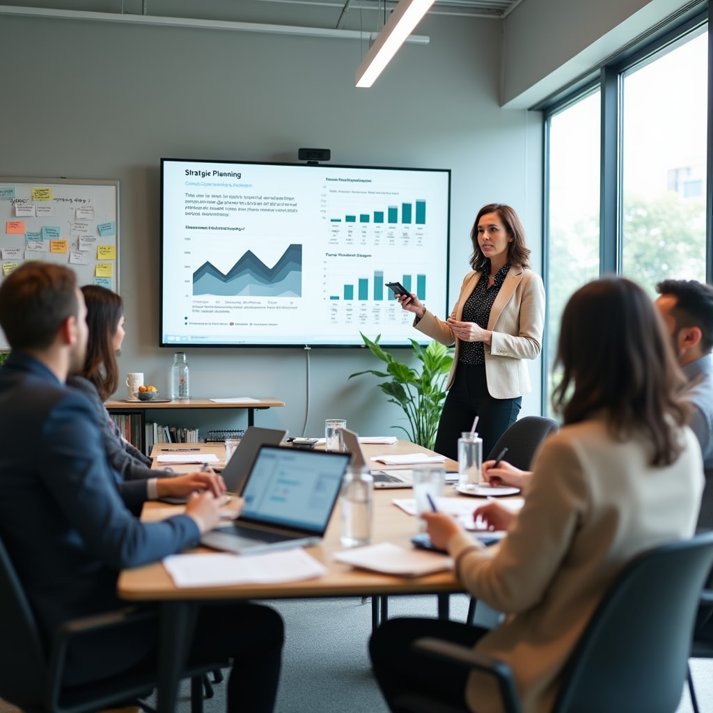 Team meeting reviewing historical data and planning future community initiatives